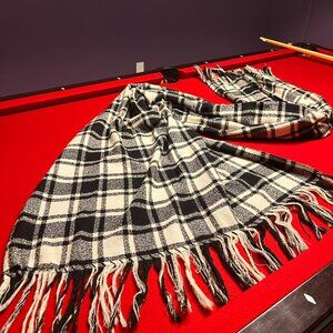 Oversized Canadian Wool Black & White Plaid Fringed Scarf Shawl Wrap